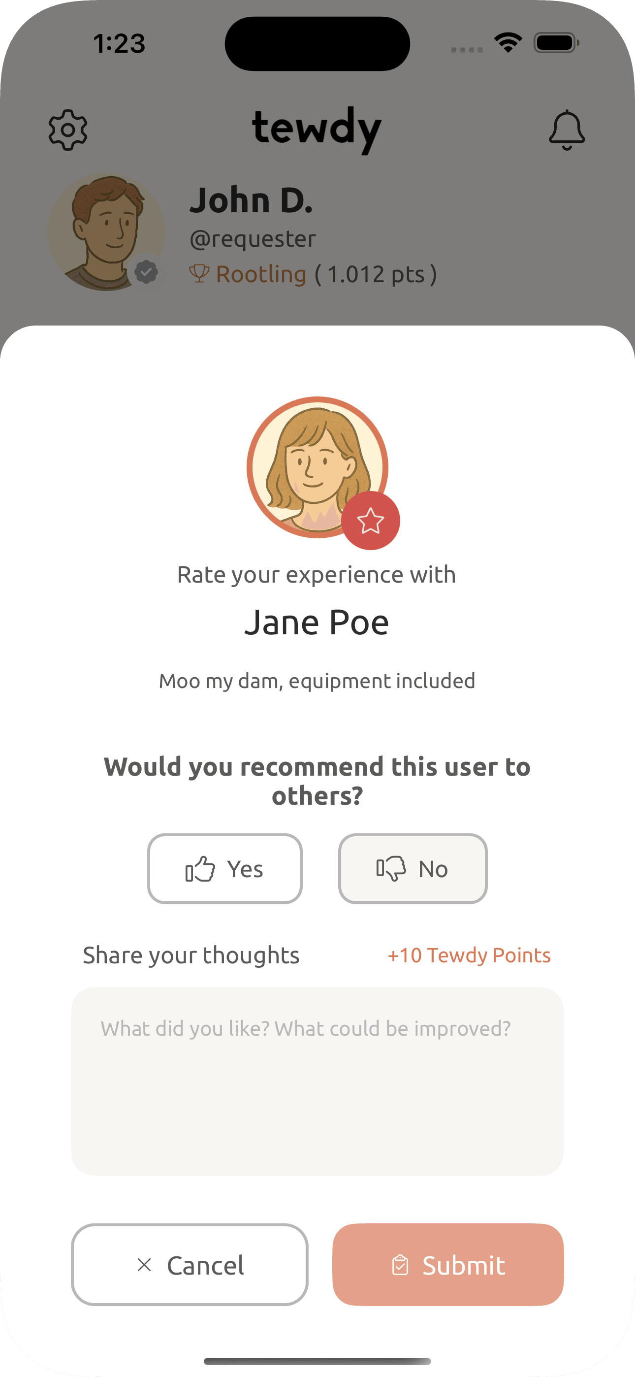 Tewdy review system with thumbs up/down and comments
