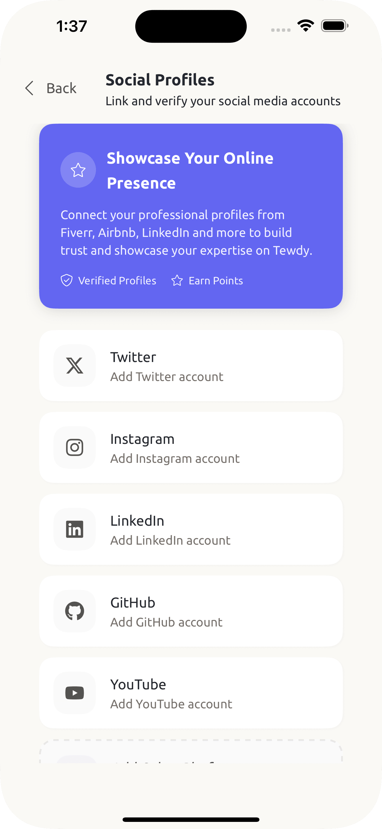 Tewdy profile options showing imported stats and vouches